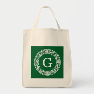 Forest Gr Wht Grekiska Nyckel Rnd Ram Initial Mono Tygkasse