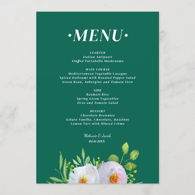 Forest Green Floral Printable Wedding menu  Meny (Framsida)