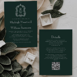 Forest Green Monogram Crest QR Code Wedding Inbjudningar