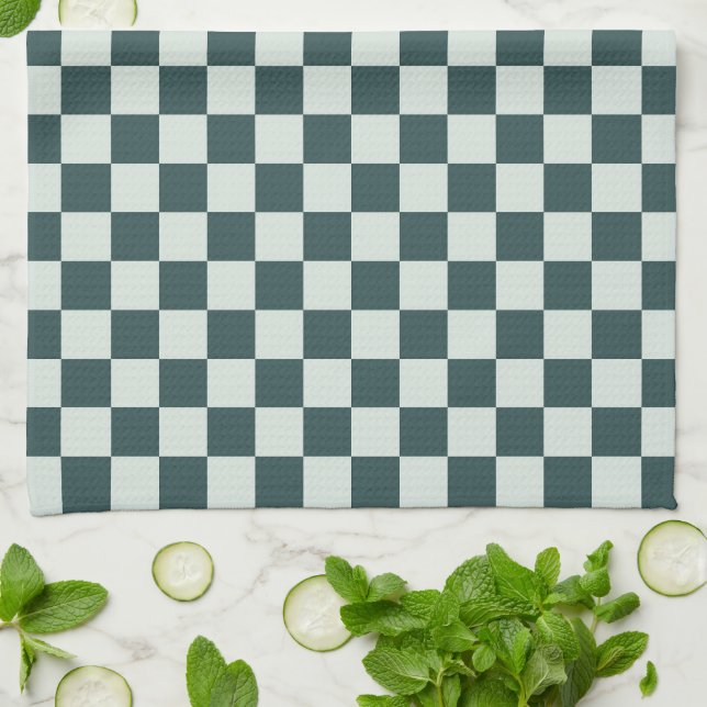 Forest green moss checkerboard pattern kökshandduk (Vikta)