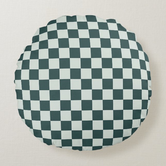 Forest green moss checkerboard pattern rund kudde (Framsidan)
