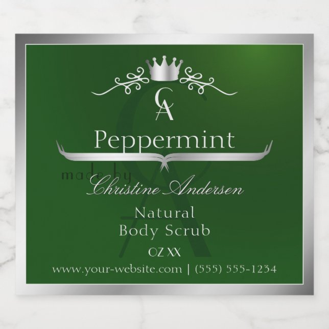 Forest Green Product Label Silver Frame Monogram Spritflaskor Etikett (Enkel etikett)