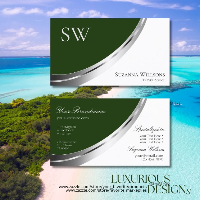 Forest Grönt and White Silver Decor with Monogram Visitkort (Skapare uppladdad)