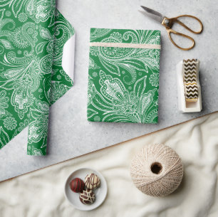 Forest Grönt and White Vintage Paisley Presentpapper