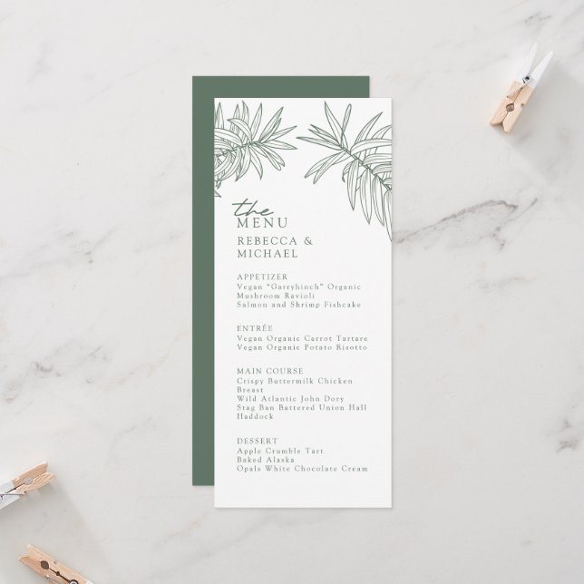 Forest Grönt Elegant Botanical Bröllop Menu (Fram/Back In Situ)