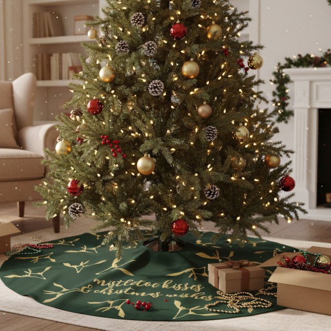 Forest Grönt Guld Mistletoe Kisses Anpassningsbar Julgransmatta Borstad Polyester (Deck the Halls Early with this Green and Gold Mistletoe Tree Skirt)