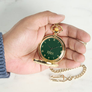 Forest Grönt Guld Monogrammed Classic Retro Pocket Armbandsur