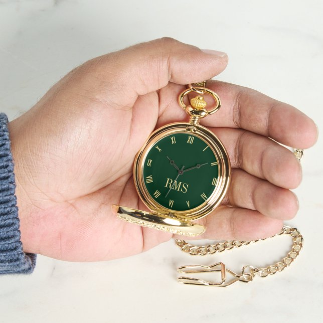 Forest Grönt Guld Monogrammed Classic Retro Pocket Armbandsur (Forest Green Gold Monogrammed Classic Retro Pocket Watch)
