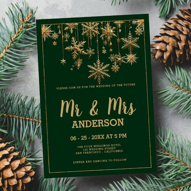 Forest grönt guld skript MR. MRS snowflake Bröllop Inbjudningar (Forest green gold script MR MRS snowflake Wedding )