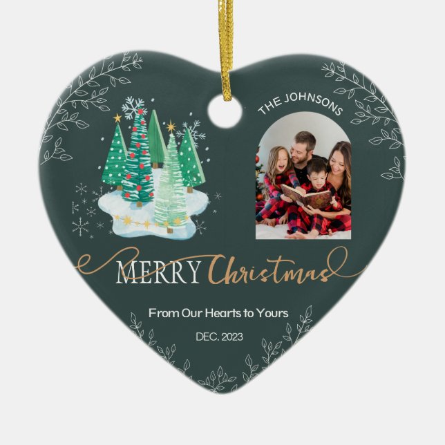 Forest Grönt Heart Shape Family Photo Ornament (Framsidan)
