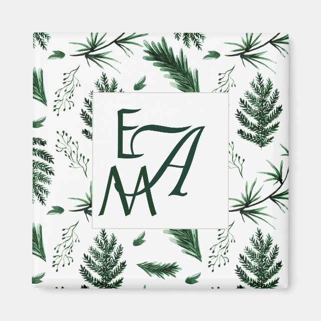 Forest Grönt Löv 3 Monogram Newlyweds Decor Magnet (Framsidan)