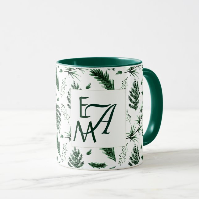 Forest Grönt Löv 3 Monogram Newlyweds Decor Mugg (Framsida höger)