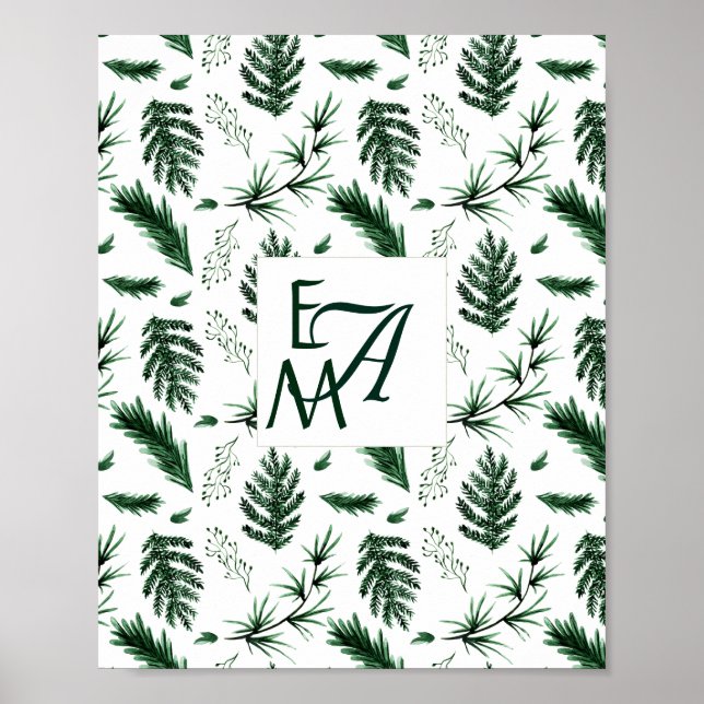 Forest Grönt Löv 3 Monogram Newlyweds Decor Poster (Framsidan)