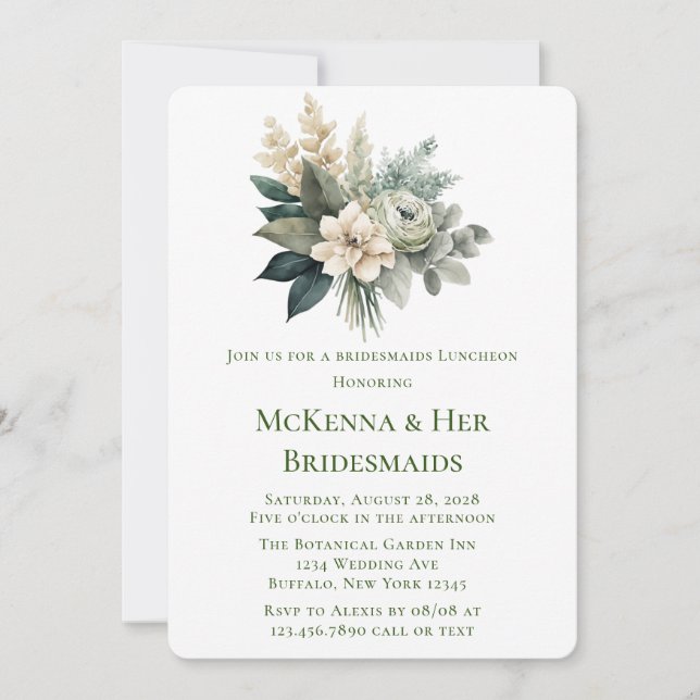 Forest Grönt och Cream Ro Bridesmaids Luncheon Inbjudningar (Framsida)