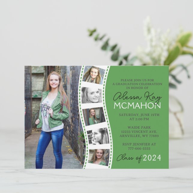 Forest Grönt & White Filmstring 6 Photo Studenten Inbjudningar (Stående Fram)