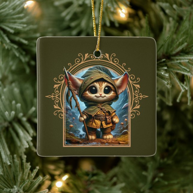 Forest Guardian Cat - Whimsical Fantasy Animal Julgransprydnad Keramik (Träd)