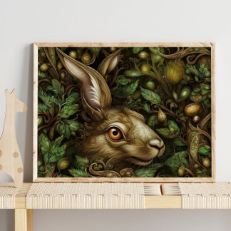 Forest Guld Bunny Animal | Skriv ut Guld Bunny Wal Poster