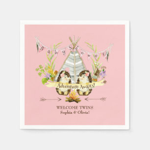 Forest Hedgehogs Twin Girls Boho Baby Shower Rosa Pappersservett