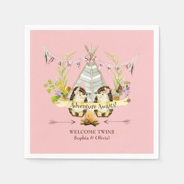 Forest Hedgehogs Twin Girls Boho Baby Shower Rosa Pappersservett (Framsidan)