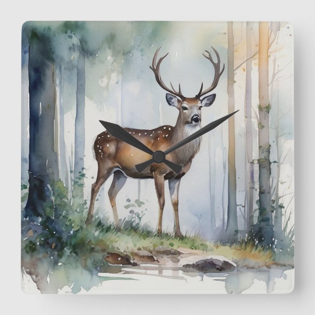 Forest Hjort Wall Clock Fyrkantig Klocka (Framsida)