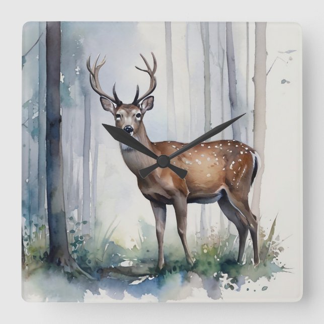 Forest Hjort Wall Clock Fyrkantig Klocka (Framsida)