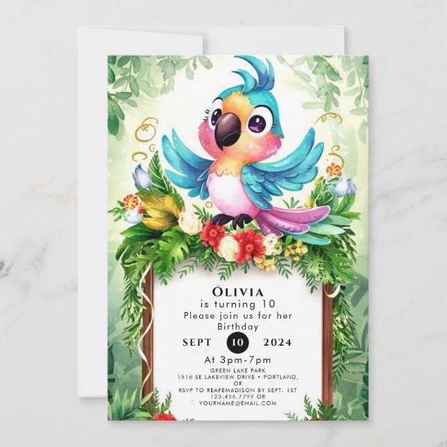 Forest Kids Parrot Birthday Inbjudningar (Framsida)