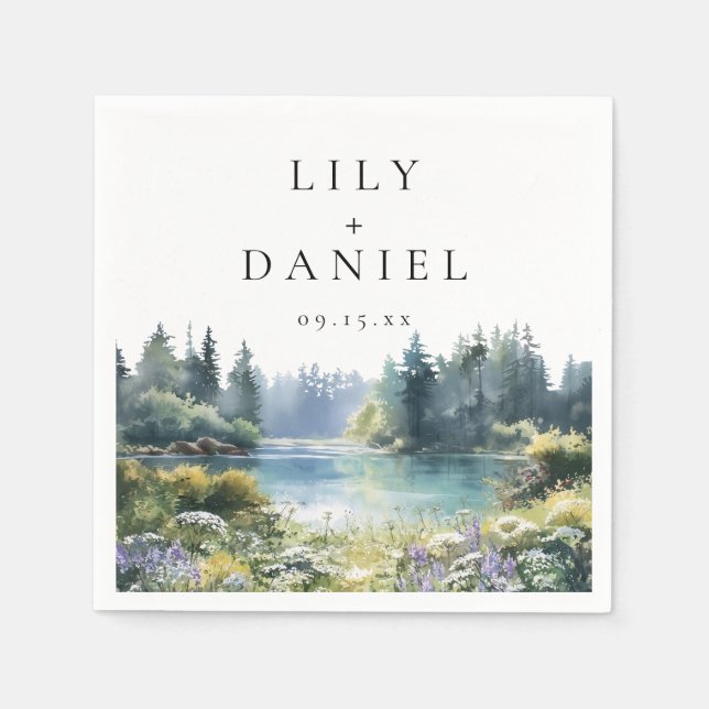 Forest Lakeside Wildflower Floral Wedding Pappersservett (Framsidan)
