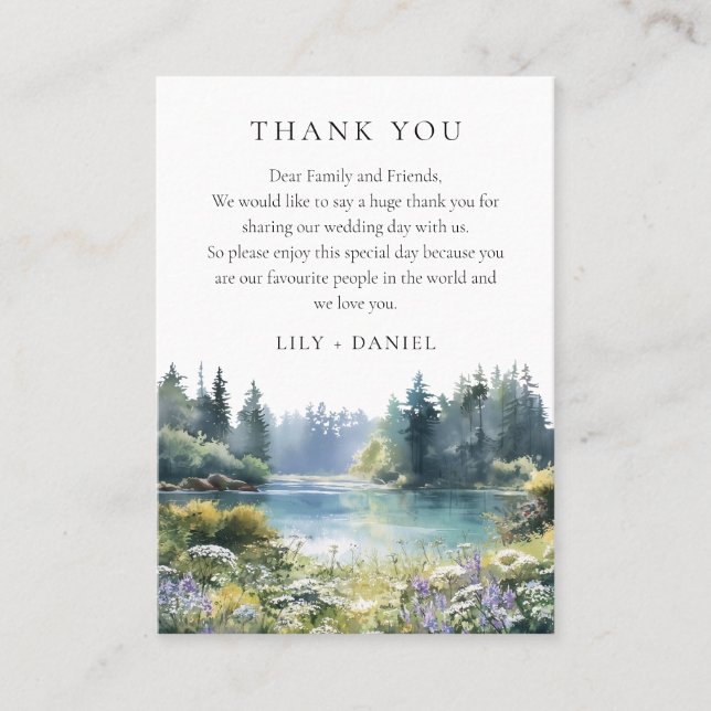 Forest Lakeside Wildflower Wedding Thank You Placeringskort (Framsida)