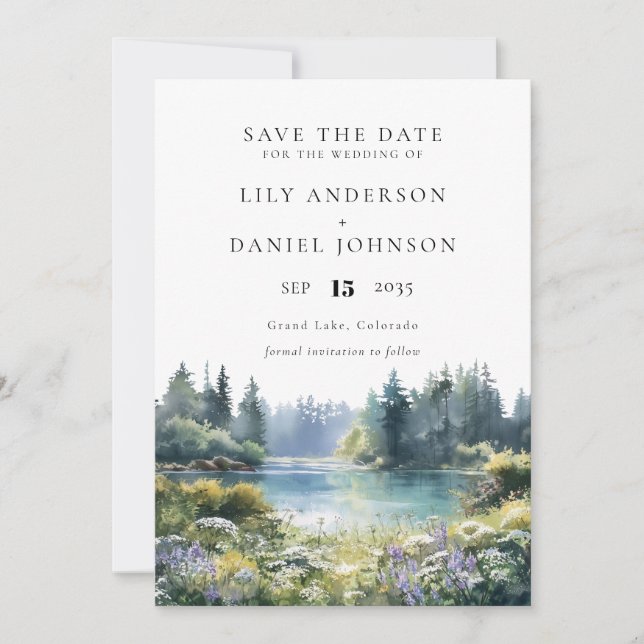 Forest Lakeside Wildflowers Floral Wedding Spara Datumet (Framsida)