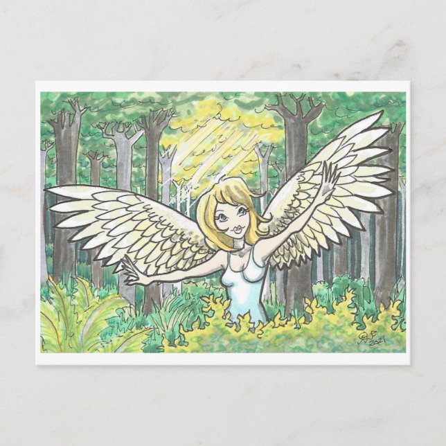 Forest Light Angel Fairy Skogen Fantasy Art Skriv  Vykort (Framsida)