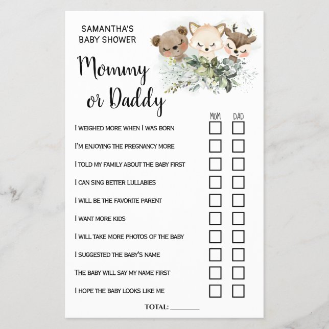 Forest Mamma eller Pappa Baby Shower tvåspråkigt s Flygblad (Framsidan)