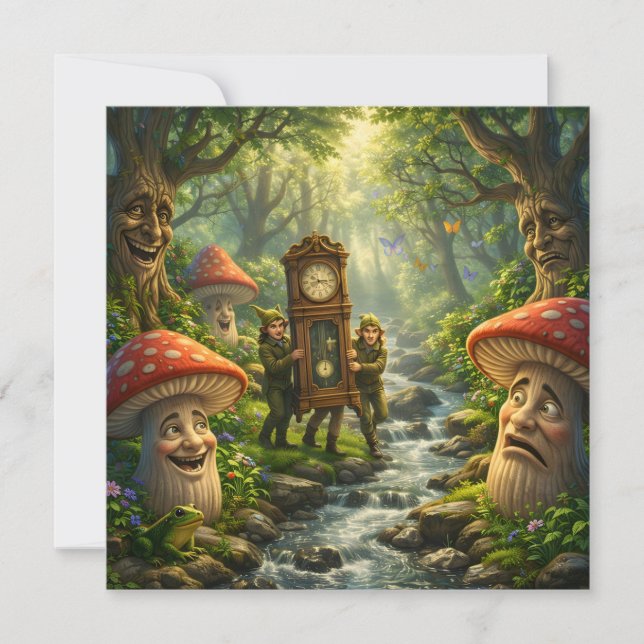 Forest mushroom and gnome clock birthday card kort (Framsida)