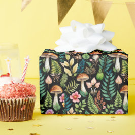 Forest Mushroom Fern Mönster Black Background Presentpapper