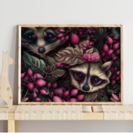 Forest Raccoon Rosa Berries | Skriv ut rackosmur Poster