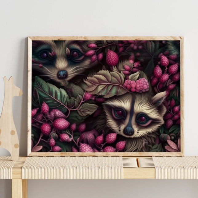 Forest Raccoon Rosa Berries | Skriv ut rackosmur Poster (Skapare uppladdad)