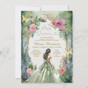 Forest Sage Grönt Dress Rosa Flowers 15 Mis Quince Inbjudningar