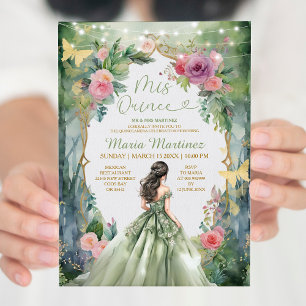 Forest Sage Grönt Dress Rosa Flowers 15 Mis Quince Inbjudningar