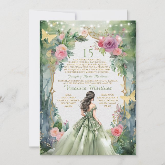 Forest Sage Grönt Princess Spain 15 Mis Quince Inbjudningar (Framsida)