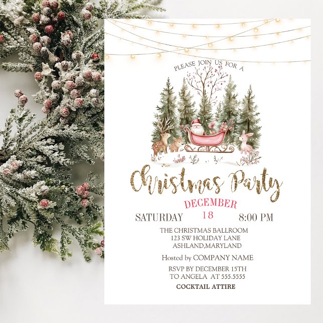 Forest, Sleigh, Ljus Guld, julföretag Inbjudningar (Skapare uppladdad)