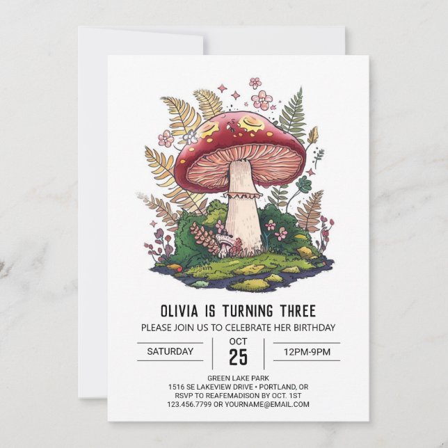 Forest Söt Digital Mushroom Birthday Inbjudningar (Framsida)