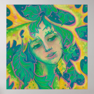 Forest Spirit, surreal Fantasy Porträtt Grönt Folk Poster