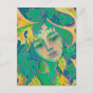 Forest Spirit, surreal Fantasy Porträtt Grönt Folk Vykort