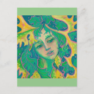 Forest Spirit, surreal Fantasy Porträtt Grönt Folk Vykort