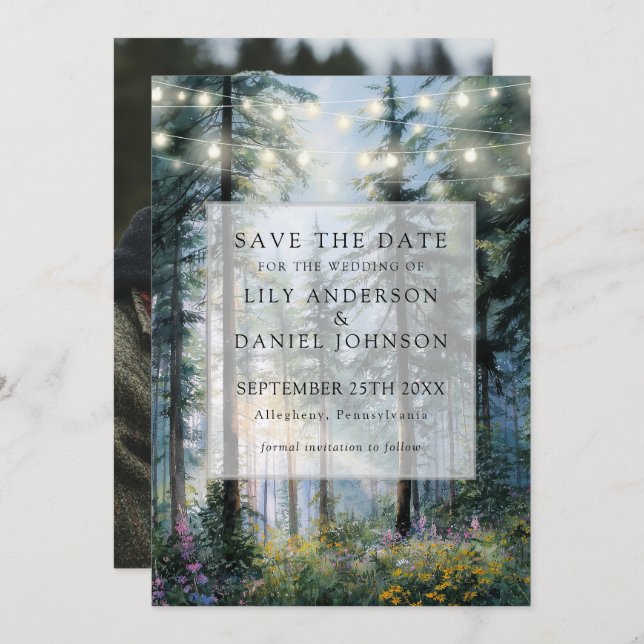 Forest String Lights Floral Rustic Photo Wedding Spara Datumet (Fram/baksida)