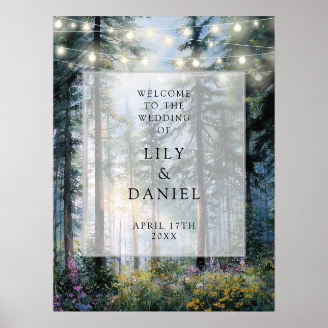 Forest String Lights Floral Wedding Welcome Sign Poster (Framsidan)