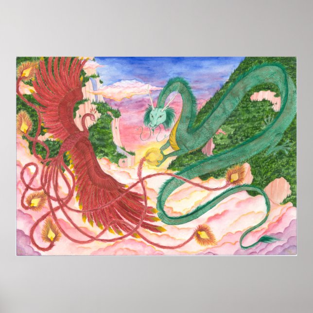 Forest Sunset Dragon och Phoenix Poster (Framsidan)