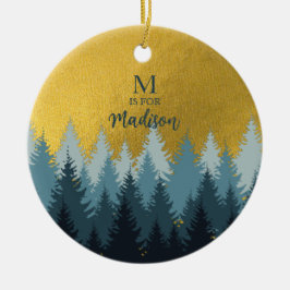 Forest Träd Golden Landskap Baby Monogram Julgransprydnad Keramik