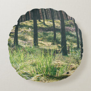 Forest träd. Natur, grönt, solljus bakgroun Rund Kudde