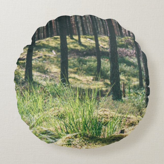 Forest träd. Natur, grönt, solljus bakgroun Rund Kudde (Framsidan)