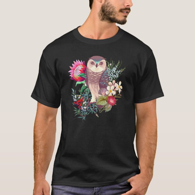 Forest Uggla med blommor och fjäril T Shirt (Framsida)